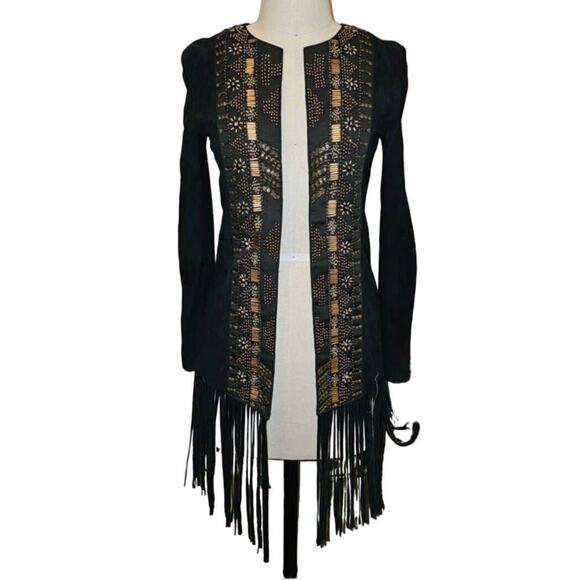 New Free People CLEOBELLA Taylor Jacket $739 Black FRINGED Embellished SUEDE - Picture 7 of 11